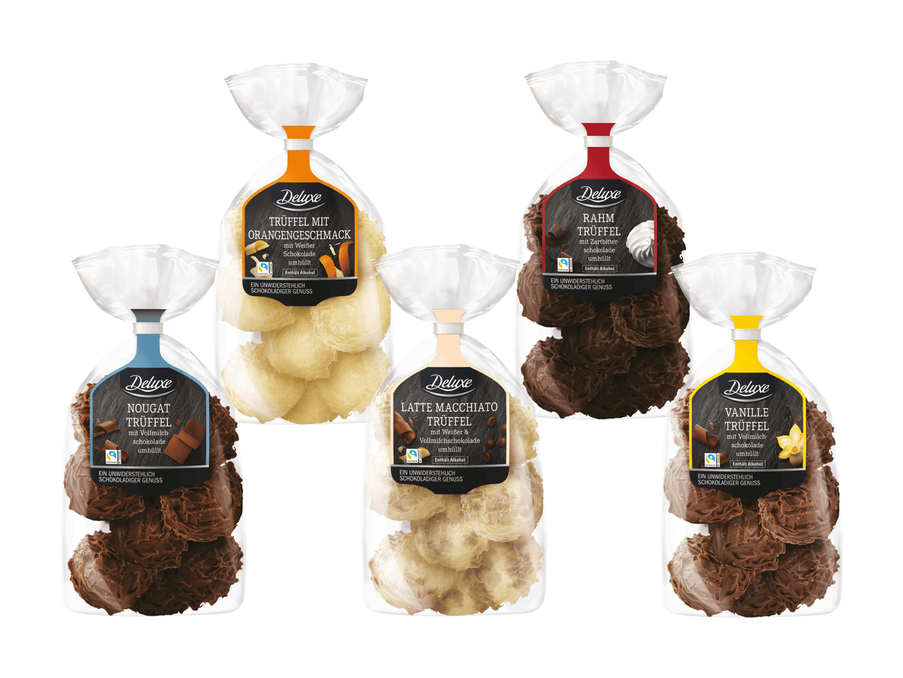 Fünf Packungen Trüffelpralinen in verschiedenen Geschmacksrichtungen: Orange, Nougat, Latte Macchiato, Rahm und Vanille.