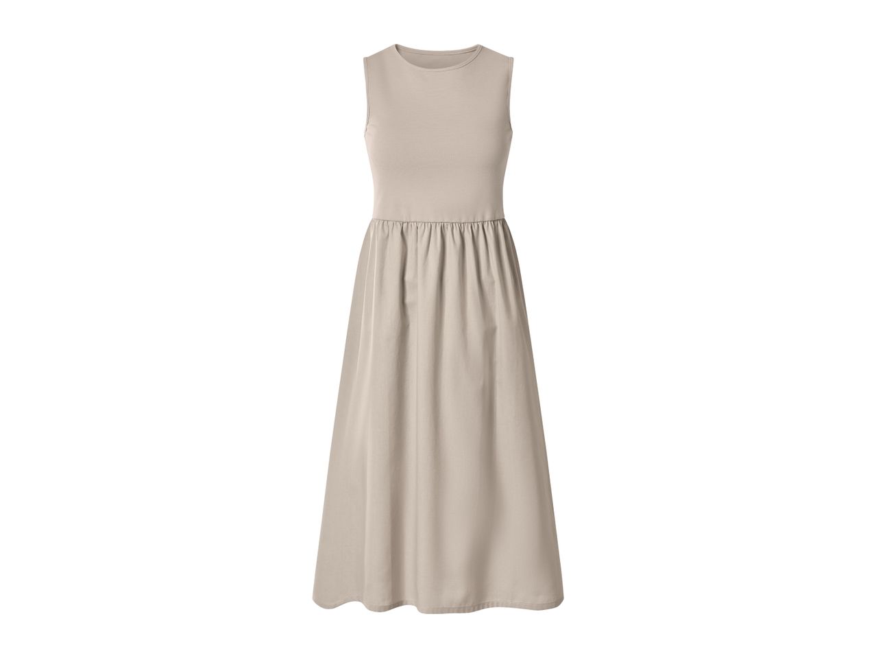 Sleeveless beige maxi dress with a round neck and gathered waist.