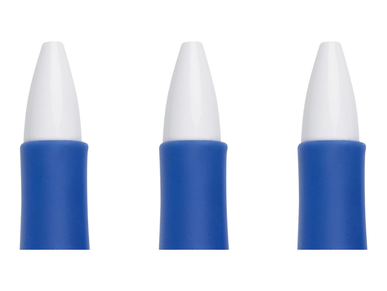 Three blue and white pens stand side by side.