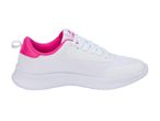 White and pink athletic shoe with white laces and mesh upper