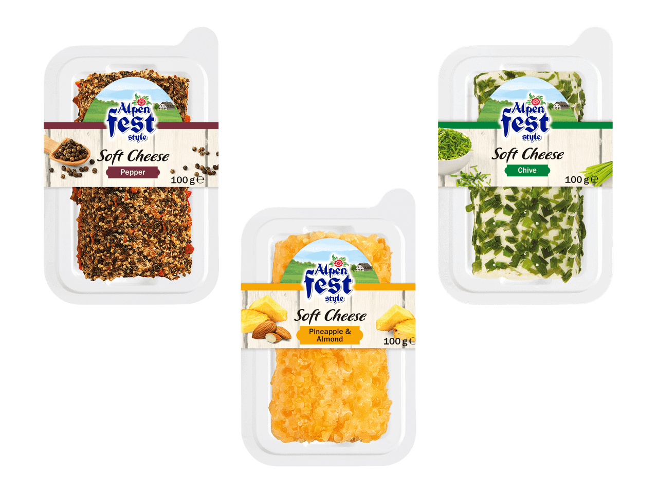 Kolme pakkausta tuorejuustoa: pippuri, ananas-manteli ja ruohosipuli, kukin 100 g.