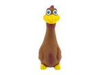 Brown rubber chicken dog toy with yellow beak and feet