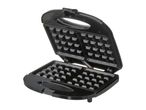 A black, non-stick waffle maker is open, displaying its gridded cooking plates.