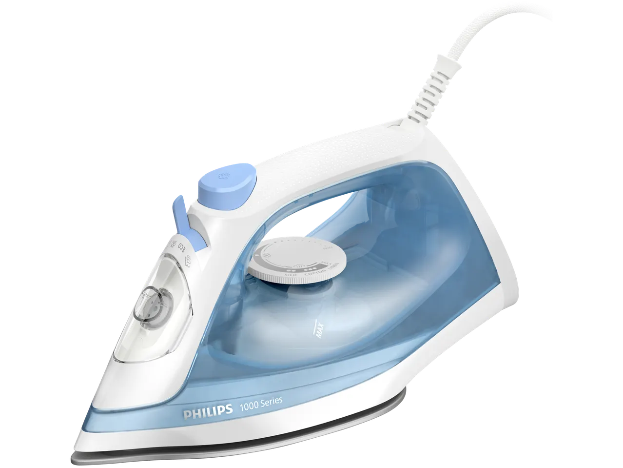 A white and blue Philips 1000 Series steam iron.