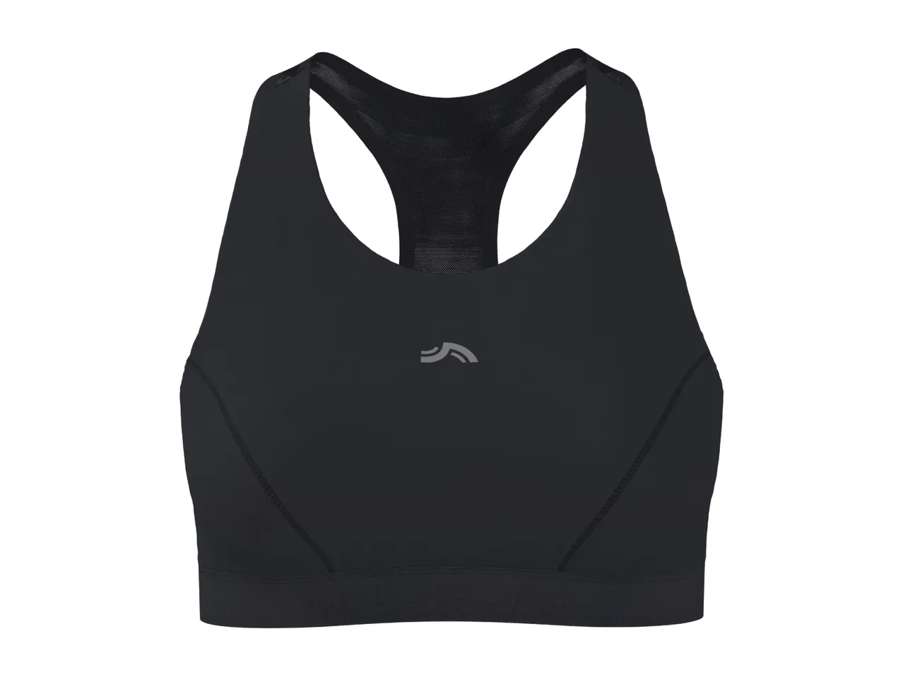 Black women's sports bra with a racerback design and a small grey logo on the front.