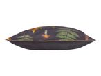 Dark grey pillow with autumn leaves, ferns, and a mushroom design.