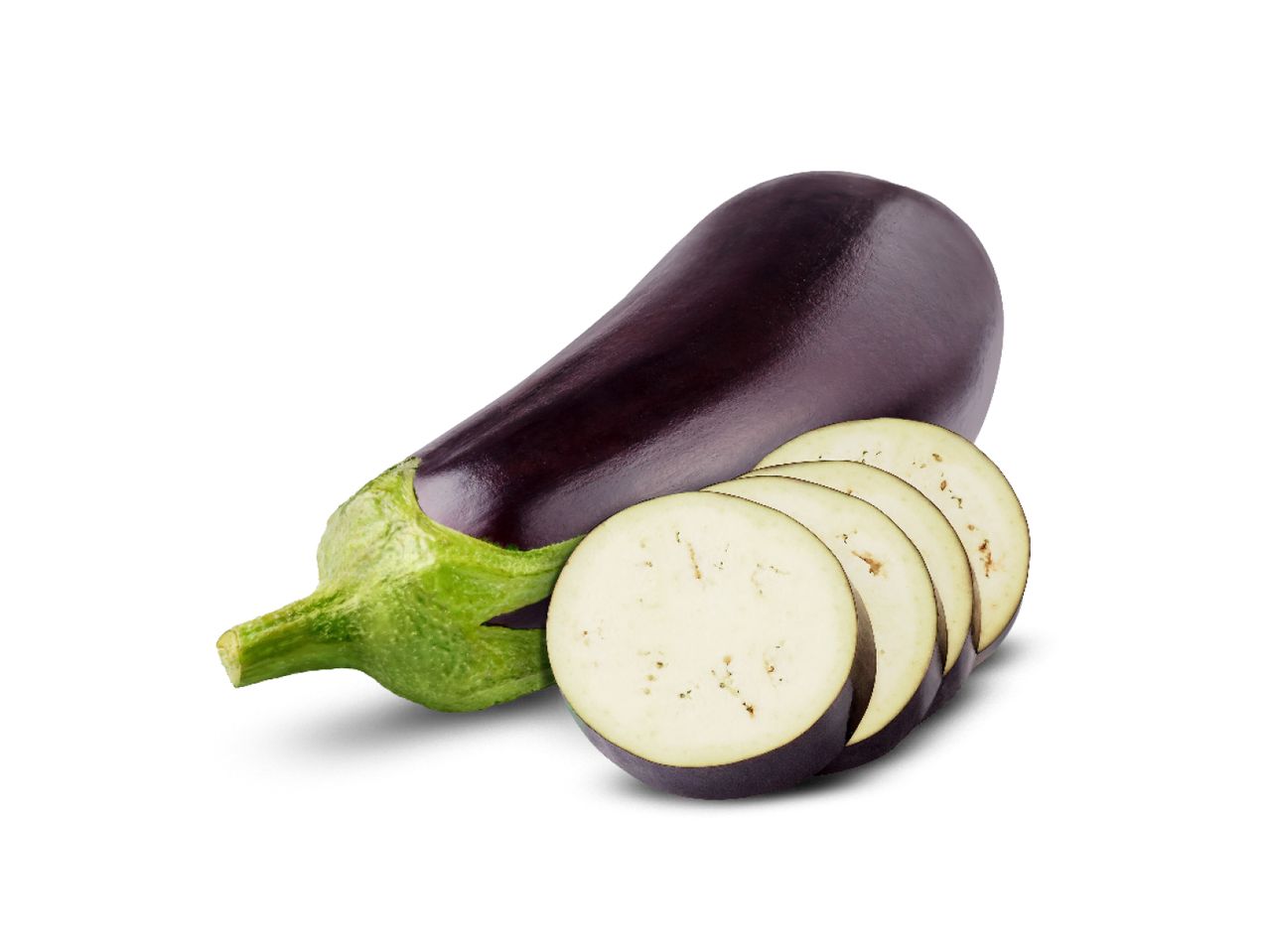 A whole eggplant and several sliced pieces are displayed against a white background.