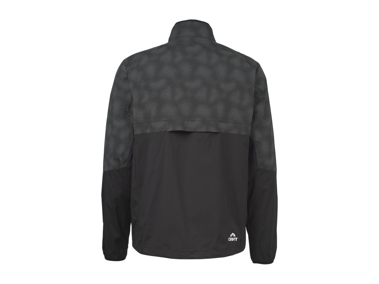 Back view of a black and dark grey patterned men's sports jacket with a stand-up collar.