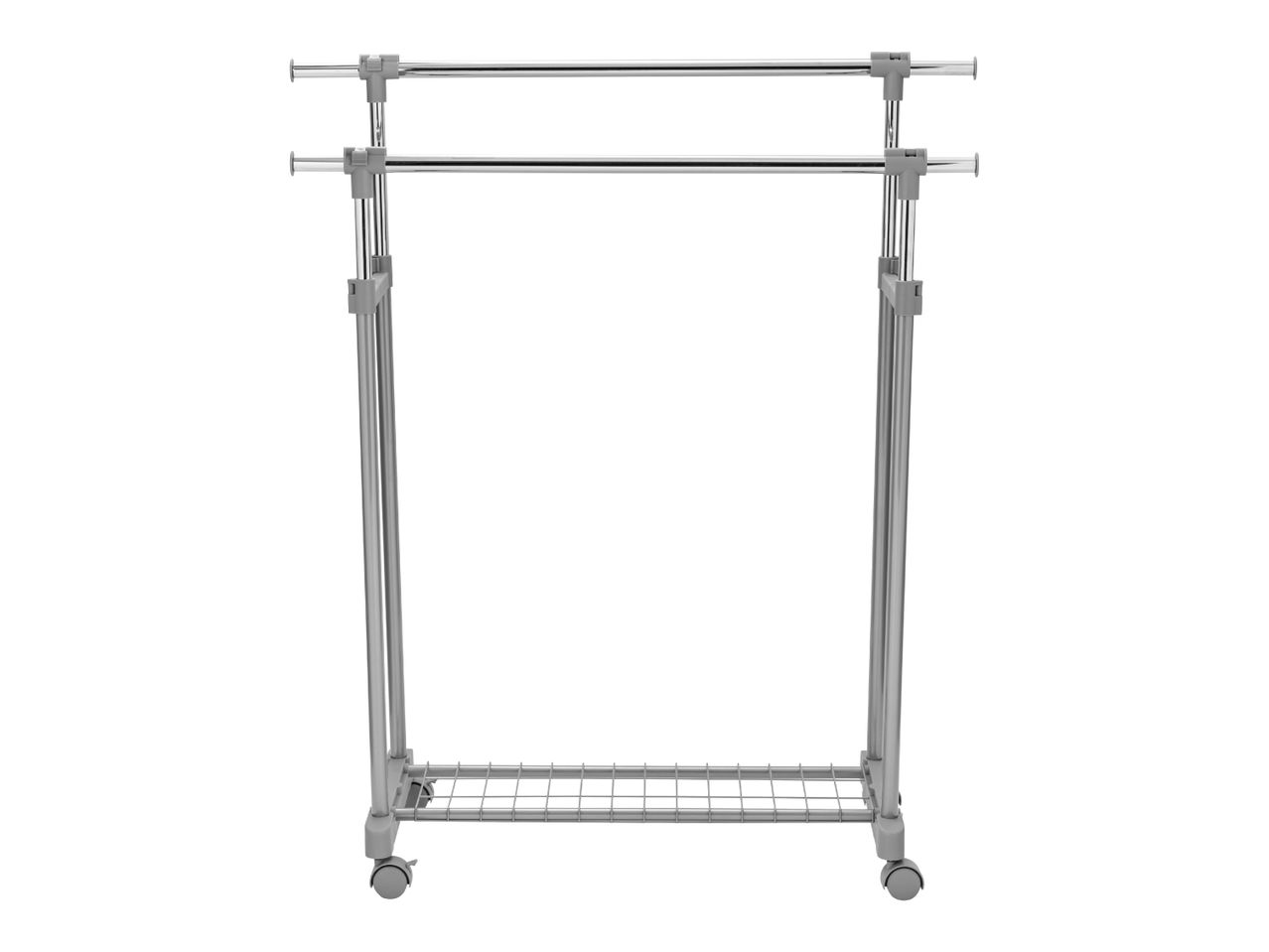 Kaksitasoinen vaateteline pyörillä ja alahyllyllä
