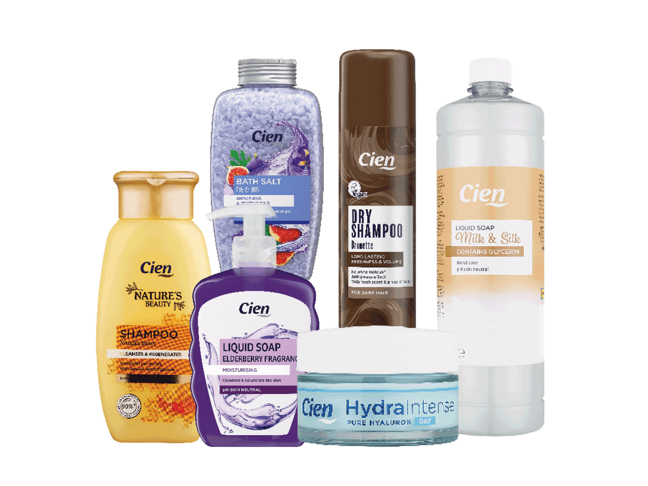 Cien kosmetikos priemonių asortimentas: šampūnas, vonios druska, sausas šampūnas, skystas muilas ir veido kremas.