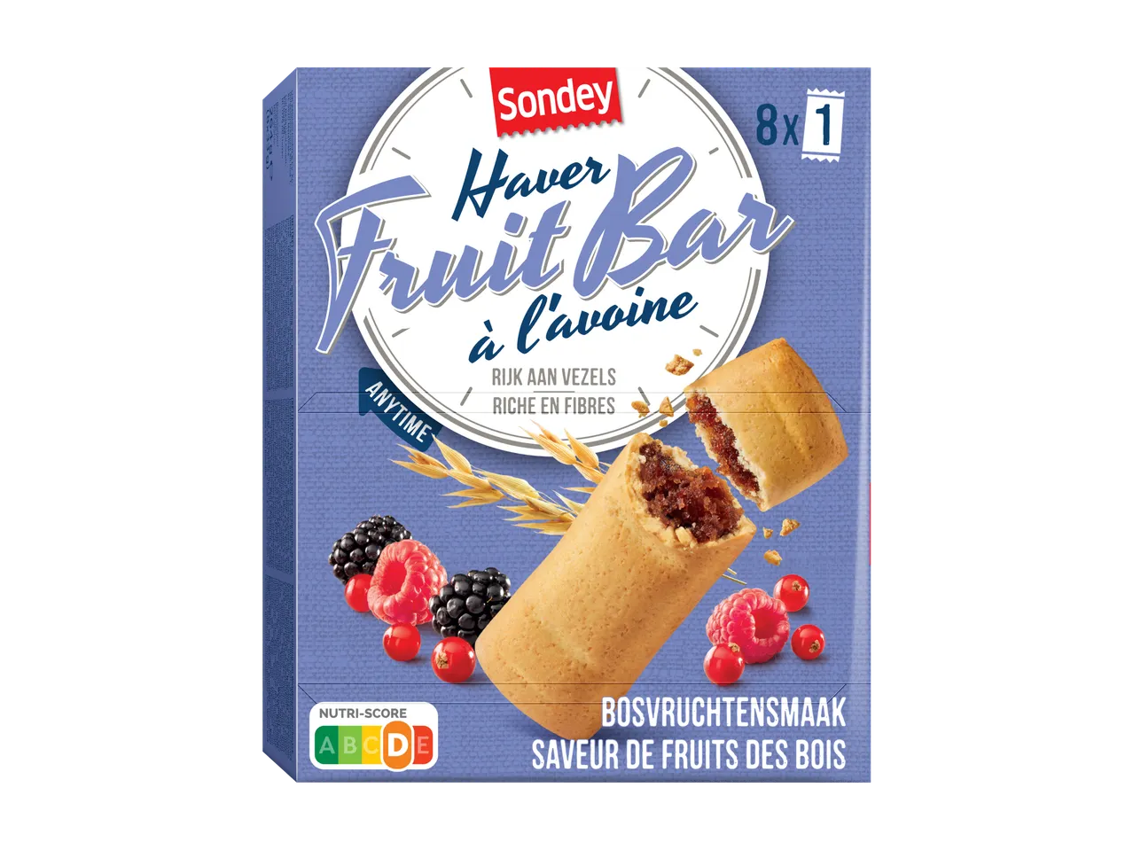 Sondey Haver Fruit Bar met bosvruchtensmaak, rijk aan vezels, Nutri-Score D.