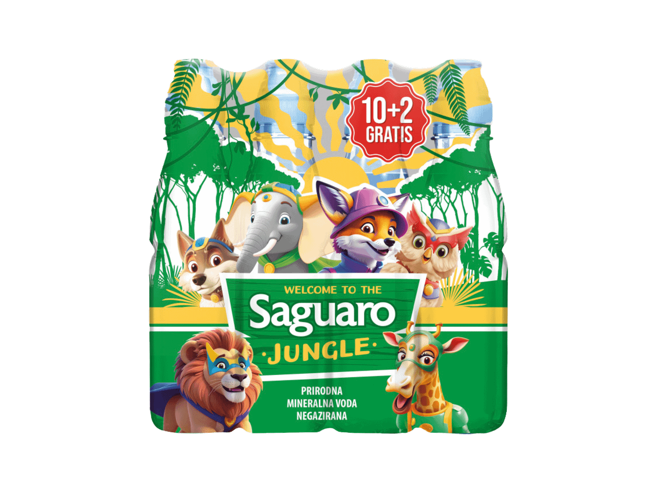 Pakovanje negazirane mineralne vode sa motivima džungle i crtanim životinjama, sa natpisom '10+2 GRATIS'.