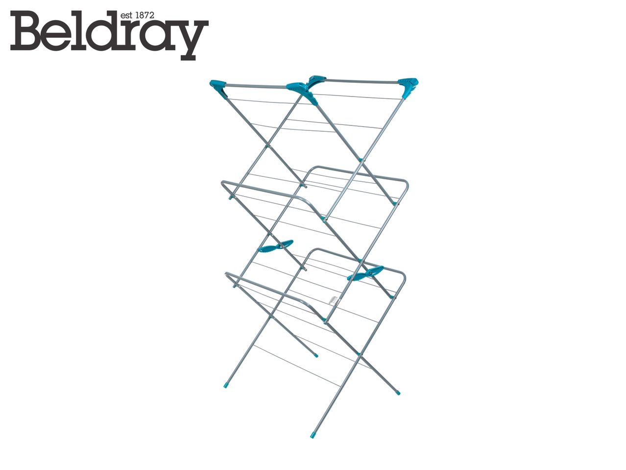 Three-tier clothes airer with blue accents on a white background.