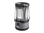 A grey camping lantern with LED lights, a compass on top, and a power button on the side.