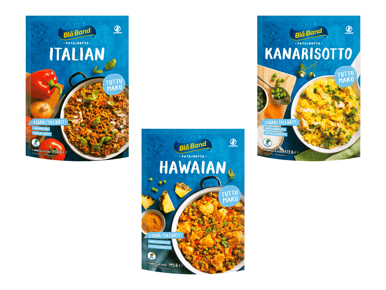 Kolme pakkausta pata-aineksia: italialainen, kanarisotto ja havaijilainen.