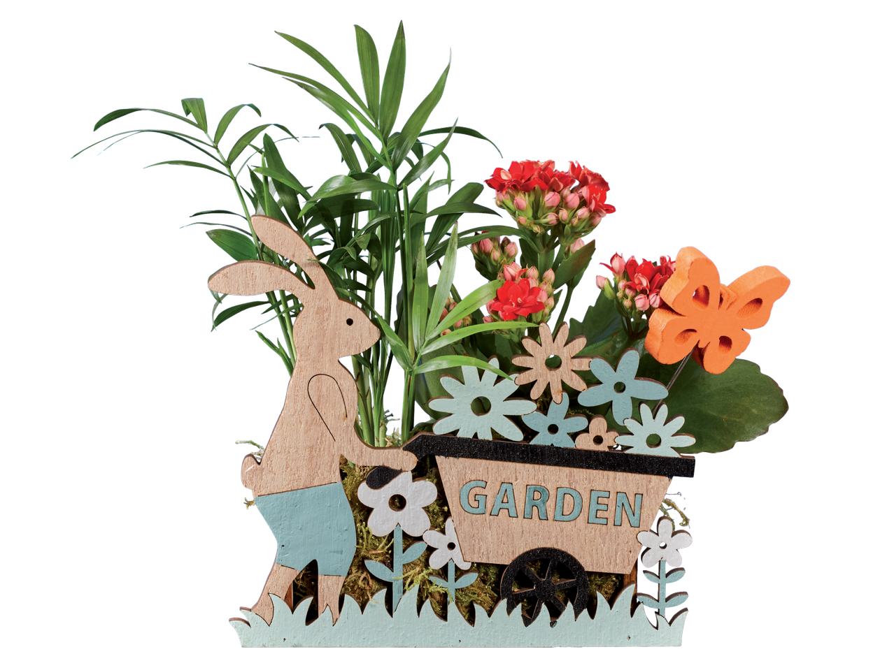 Ghioc cu flori Kalanchoe, palmieri și iepuraș de lemn într-o căruță de lemn.