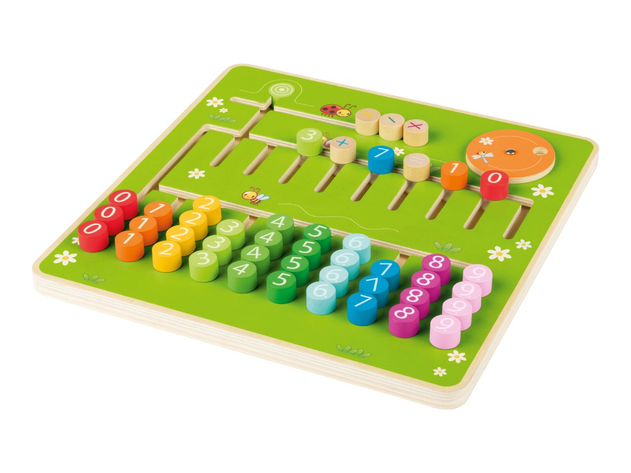 Wooden counting and math learning board with colorful number and operation blocks.