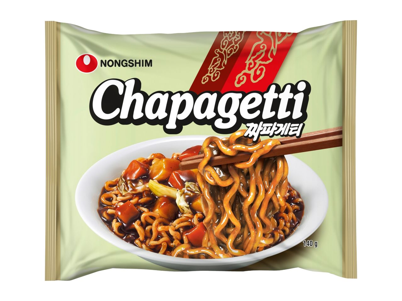 Instant noodles with black bean sauce, vegetables, and chopsticks on a light green package.