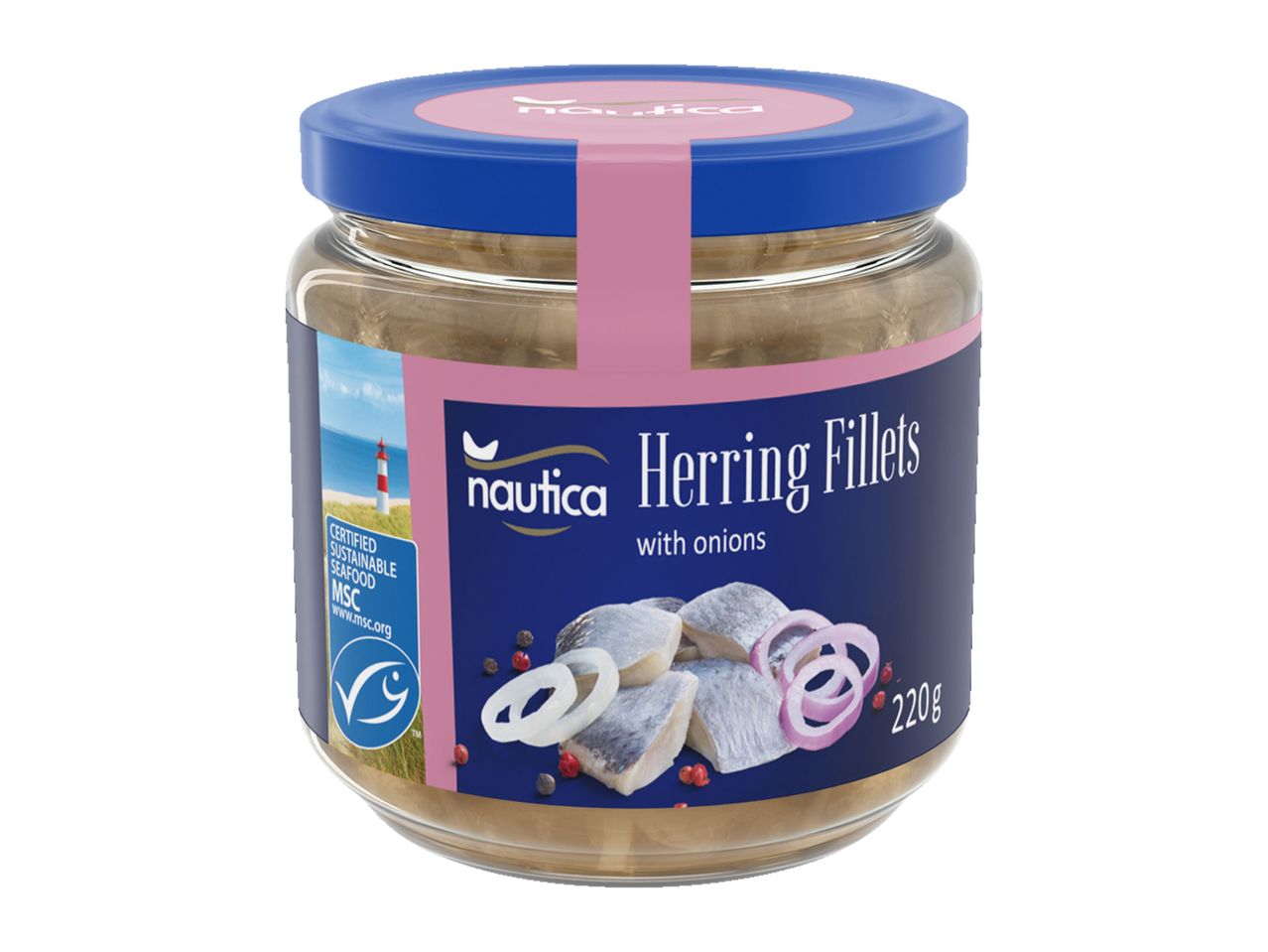 Nautica Herring Fillets with onions in a glass jar.