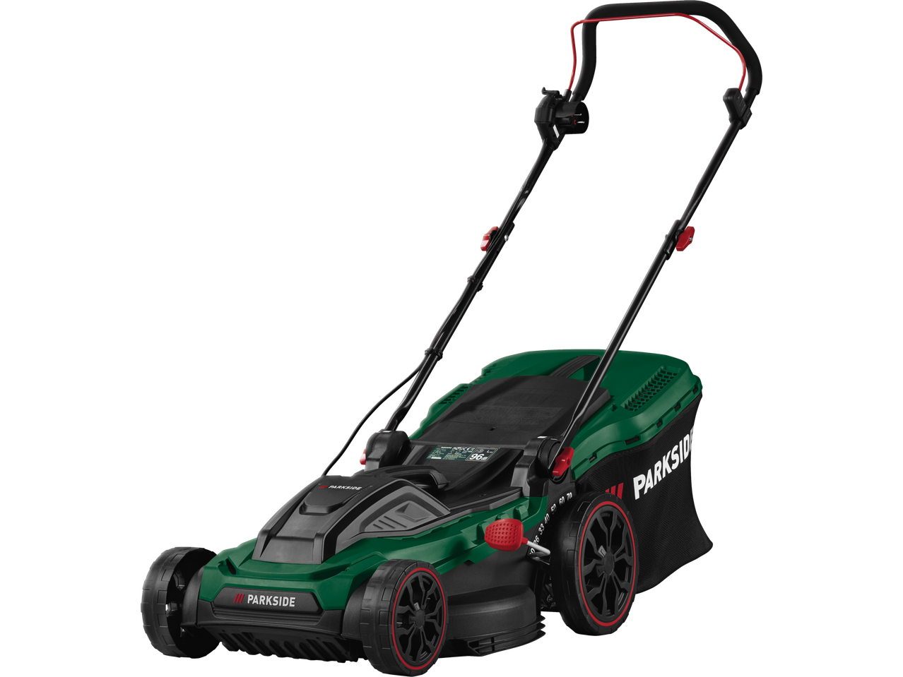 Parkside® elektromos fűnyíró zöld és fekete színben, piros díszítéssel