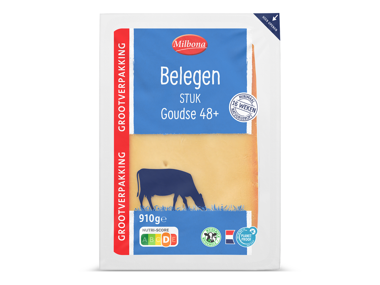 Een grootverpakking belegen Goudse 48+ kaas van 910 gram.
