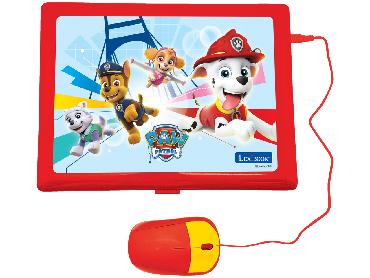 Червен лаптоп на Lexibook с тема Paw Patrol и съответна мишка.