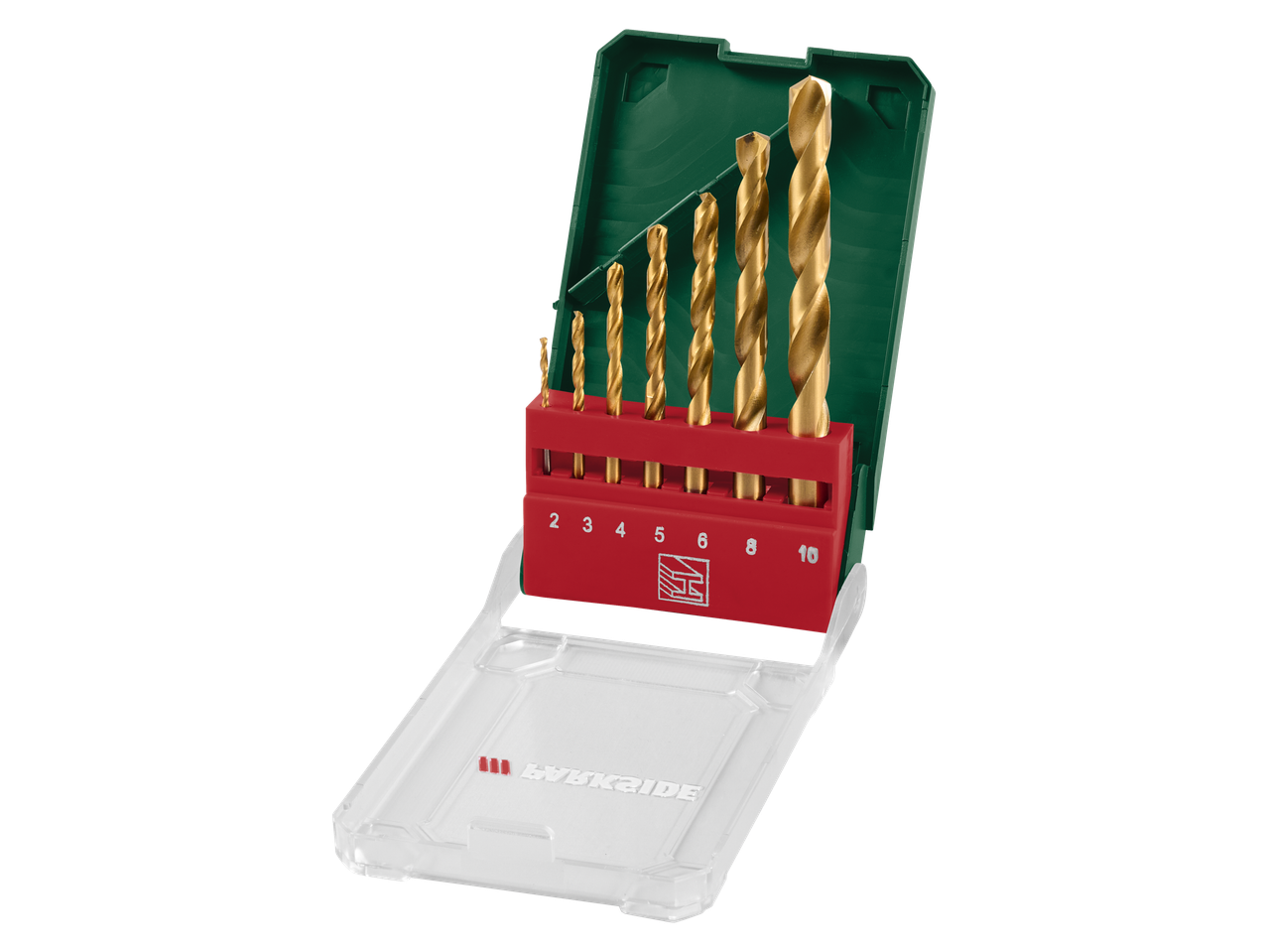 Conjunto de brocas douradas em suporte vermelho e estojo verde.