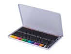 An open metal tin filled with a set of watercolor pencils and a paintbrush.