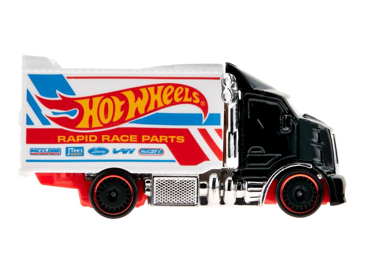 Toy truck with a white trailer featuring a red and blue graphic and the text 'RAPID RACE PARTS'.