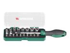 Screwdriver set with various bits and sockets in a green and clear case.