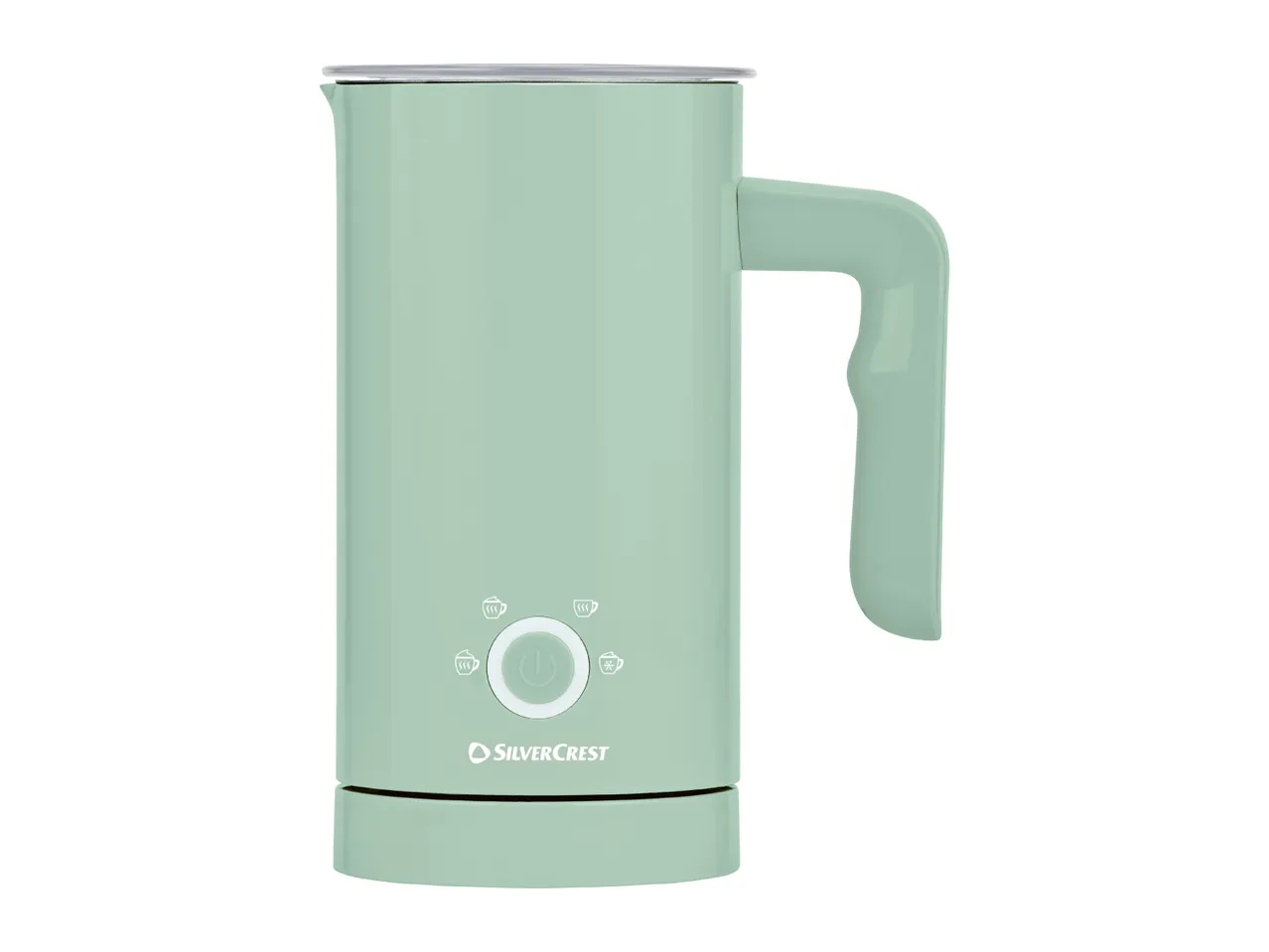 A light green SilverCrest milk frother with a handle and control buttons.