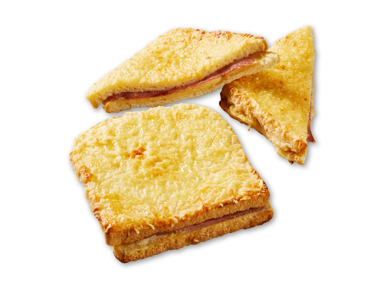 Tre lækre croque monsieur sandwich.