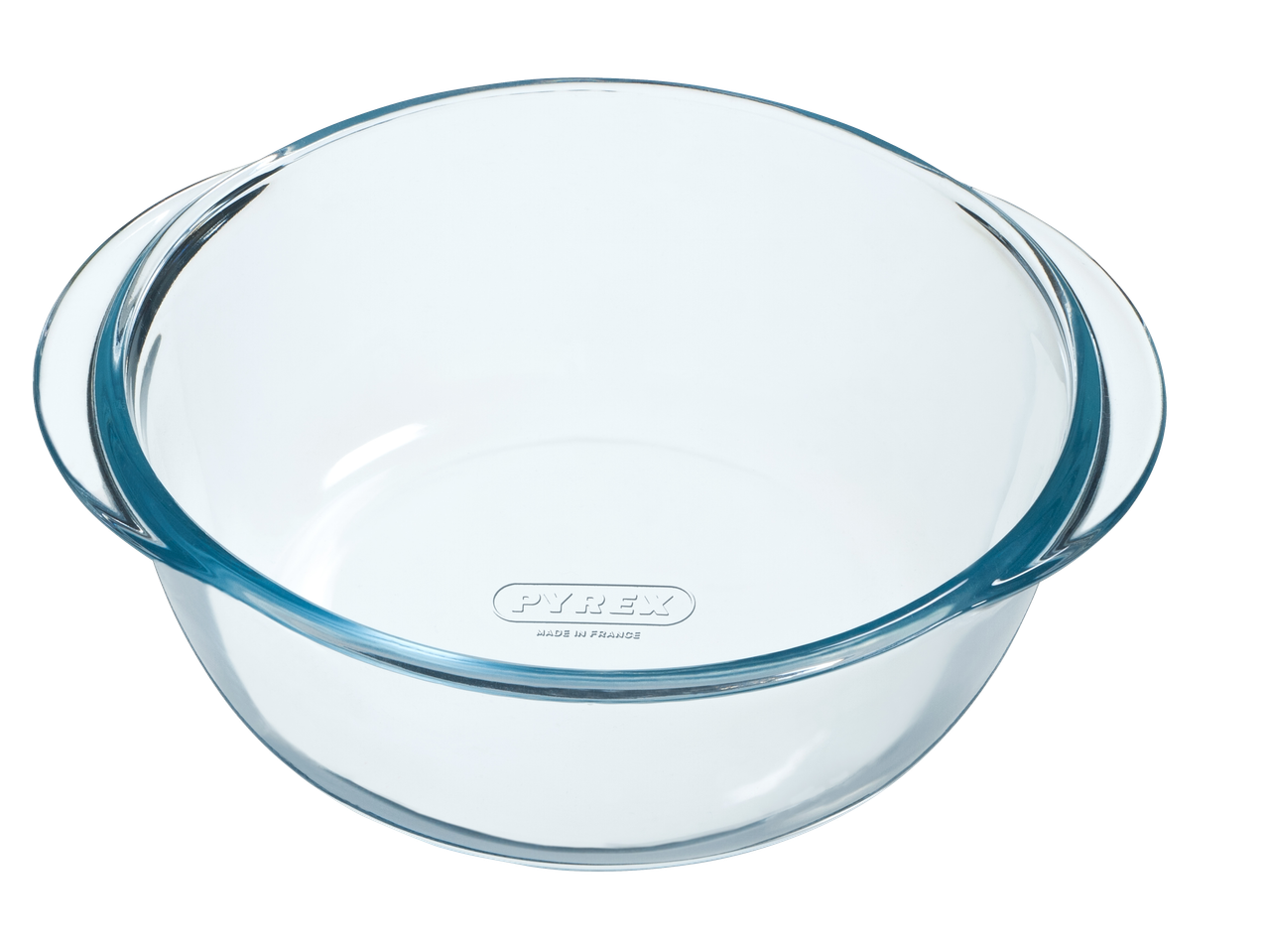 Pyrex posuda od providnog stakla sa ručkama.