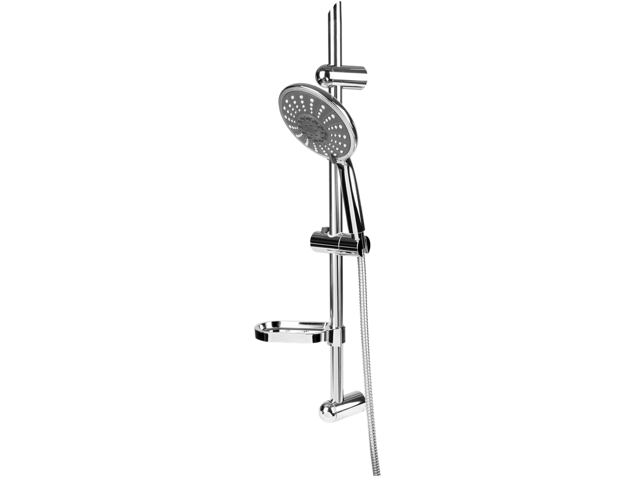 Un ensemble de douche chromé élégant avec porte-savon intégré.