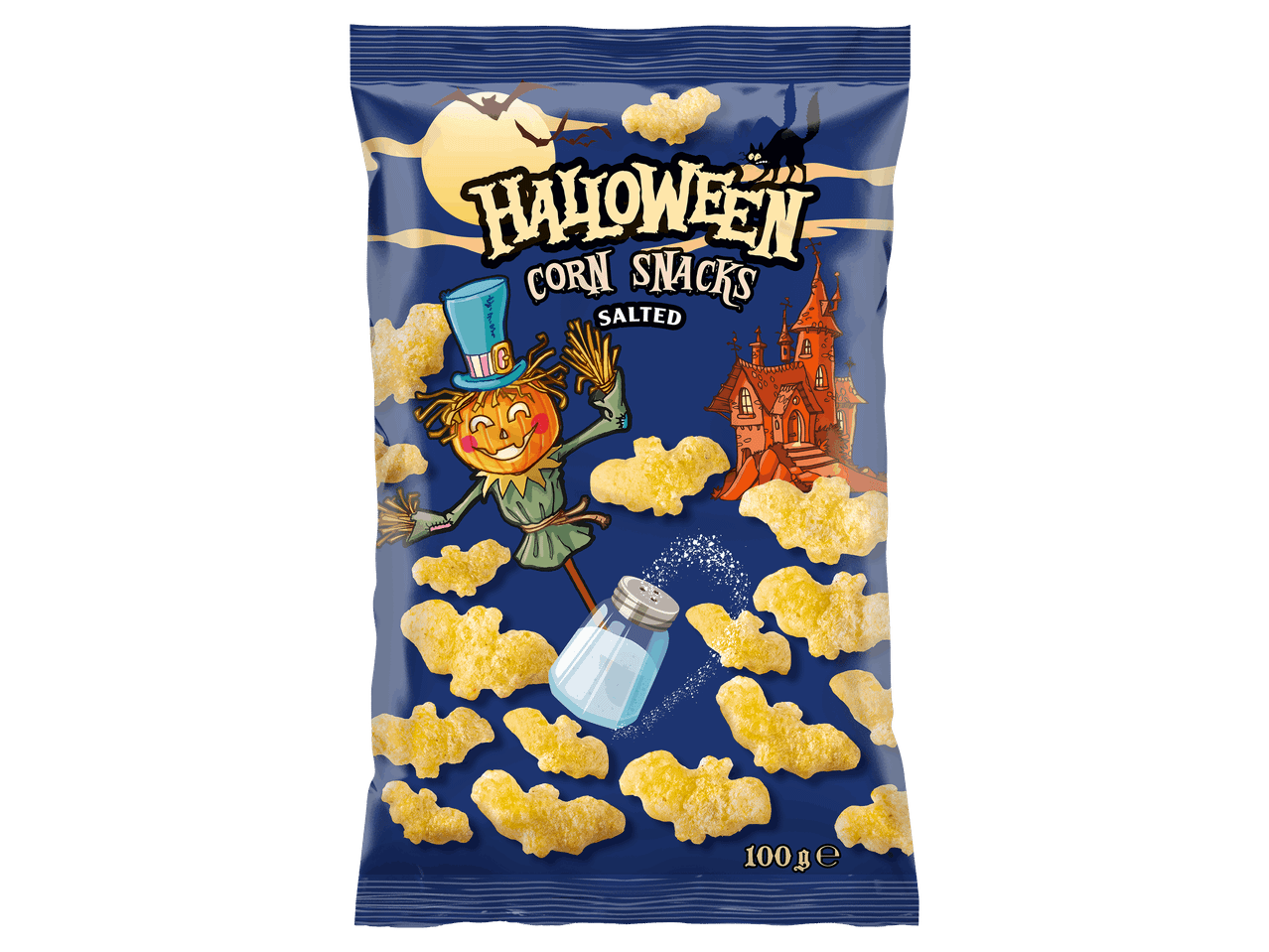 Sós, denevér alakú halloweeni kukoricacsemege 100 g-os kiszerelésben.
