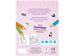 Children's colouring book with glittery animal photo stickers, featuring kittens, puppies, and other baby animals.