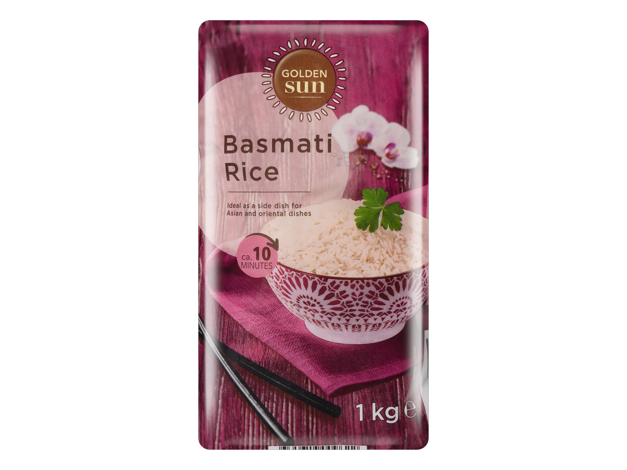 Basmati rizs csomagolás, egy tál rizzsel, pálcikákkal és orchideákkal, 1 kg-os kiszerelésben.