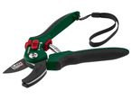 Green and black bypass pruners with a wrist strap.