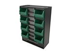 A Parkside wall-mounted storage unit with green and clear plastic bins.