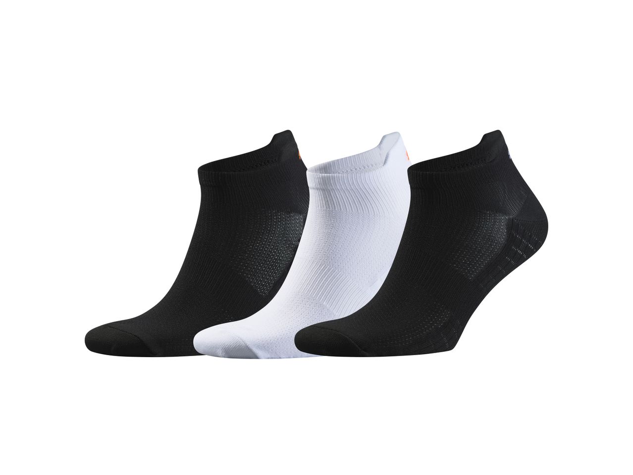 Three pairs of athletic no-show socks in black and white.