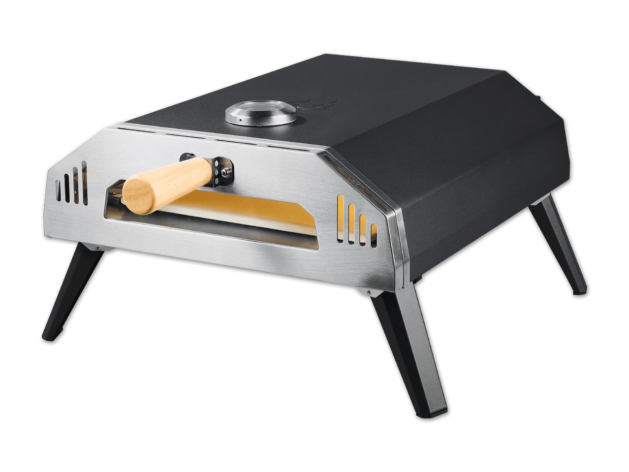 Tragbarer Pizzaofen aus Edelstahl und schwarzem Metall mit Holzgriff