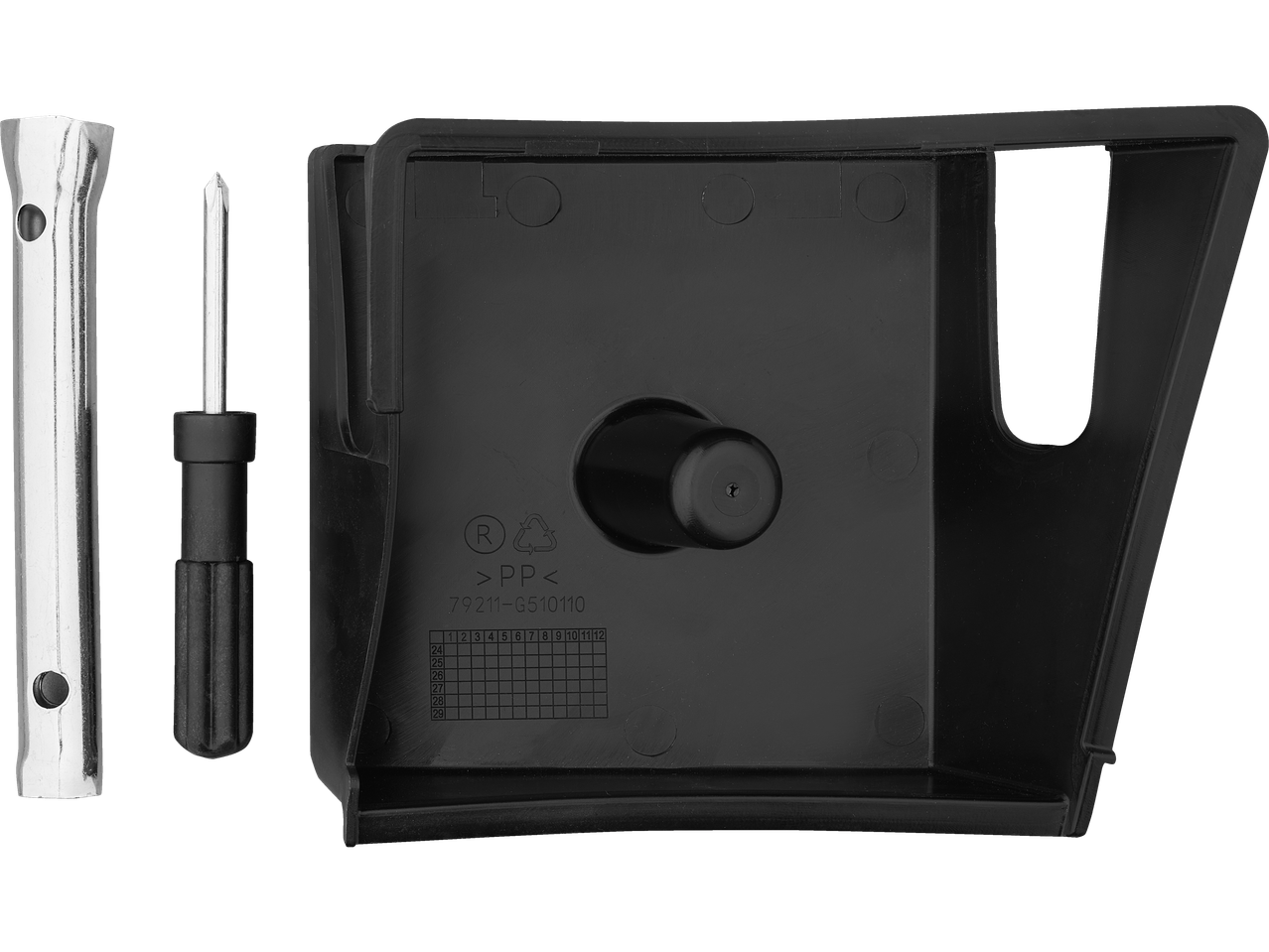 Black tray, screwdriver, and wrench: assembly components.