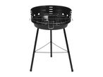 Black charcoal barbecue grill with a round basin and three legs, featuring a chrome-plated cooking grate.