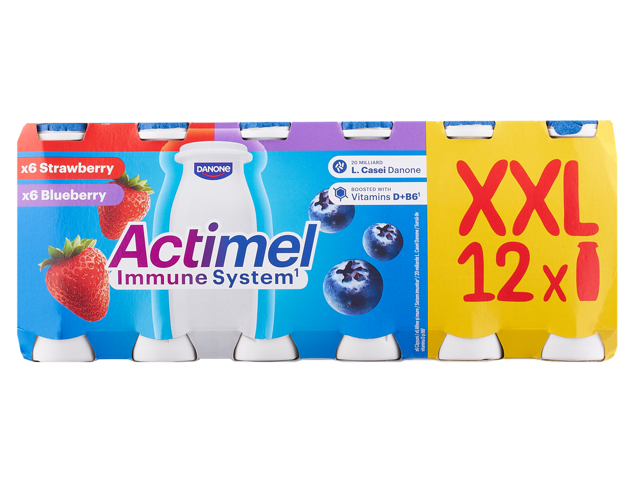 Danone Actimel XXL pakuotė su 12 jogurto puodelių braškių ir mėlynių skonio.