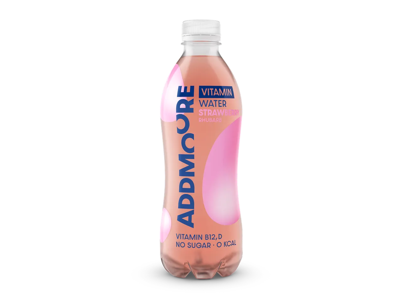 Roze vitamine water met aardbei-rabarbersmaak, zonder suiker en 0 kcal.