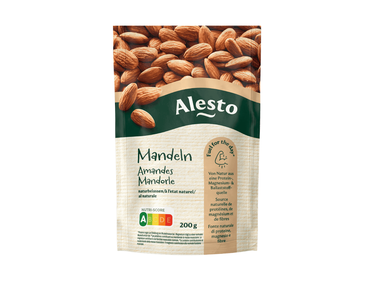 Una confezione da 200g di mandorle al naturale con Nutri-Score B.