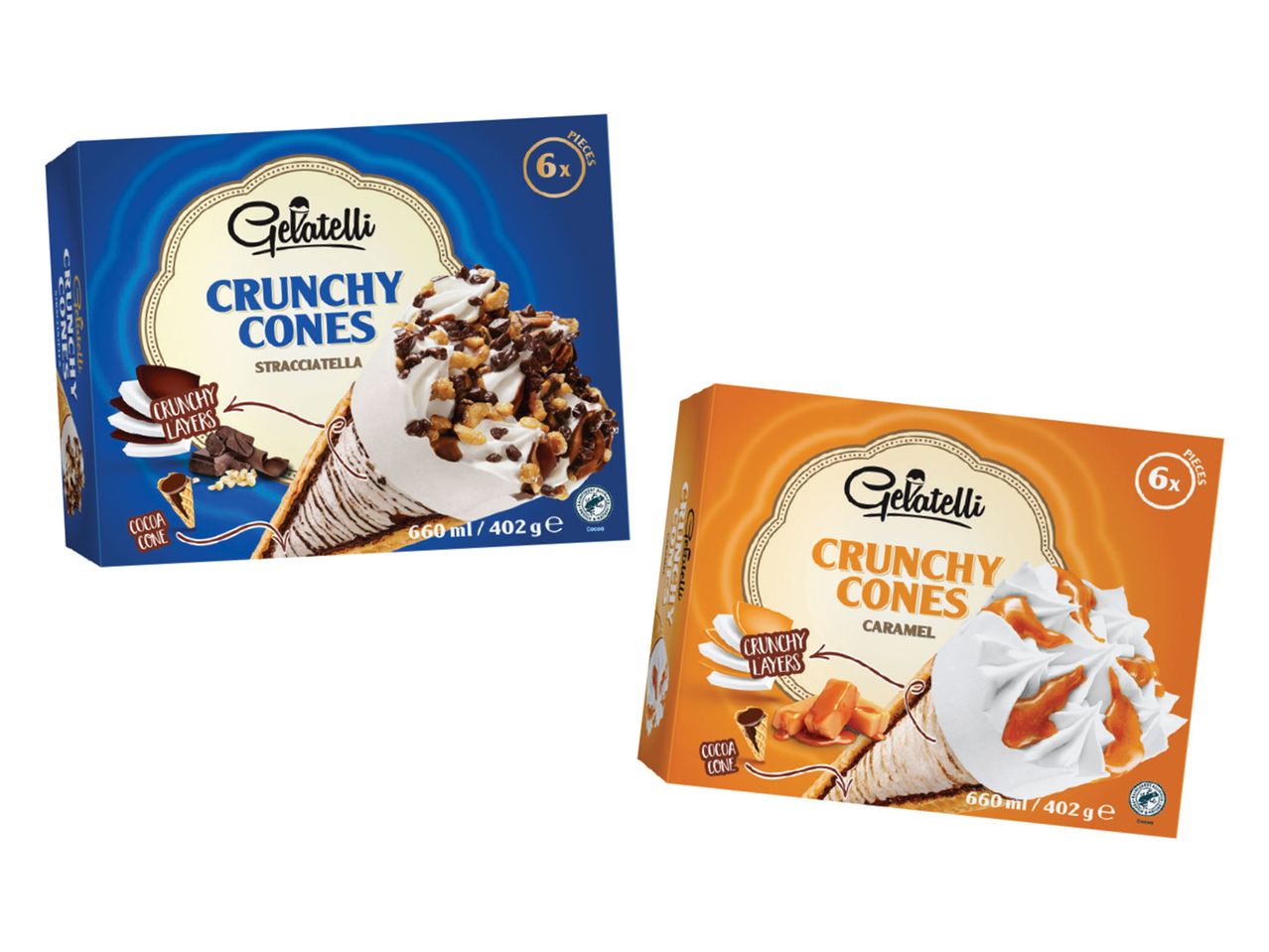 Gelatelli hrskavi korneti u dve ukusne varijante: straćatella i karamela.