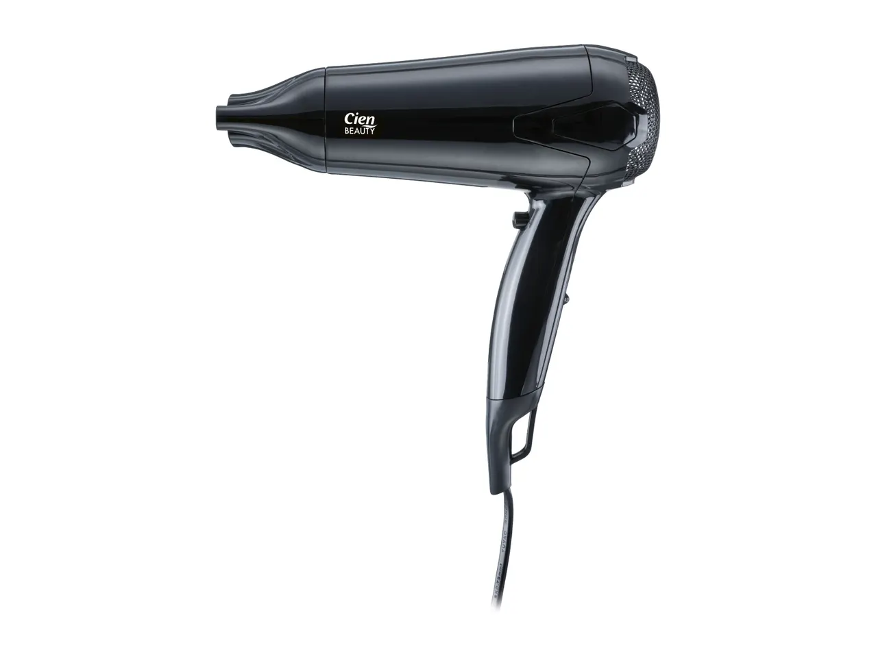 Black hair dryer with a narrow nozzle and a textured back, featuring a hanging loop.