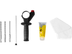 Drill bits, drill handle, lubricant, and cleaning cloth for a rotary hammer.