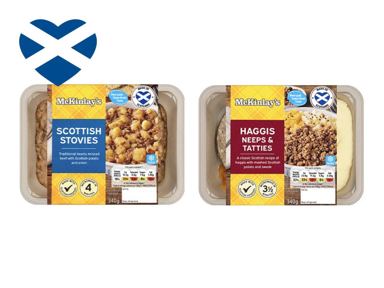 Two McKinlay's ready meals: Scottish Stovies and Haggis, Neeps & Tatties, with a Scottish flag heart.